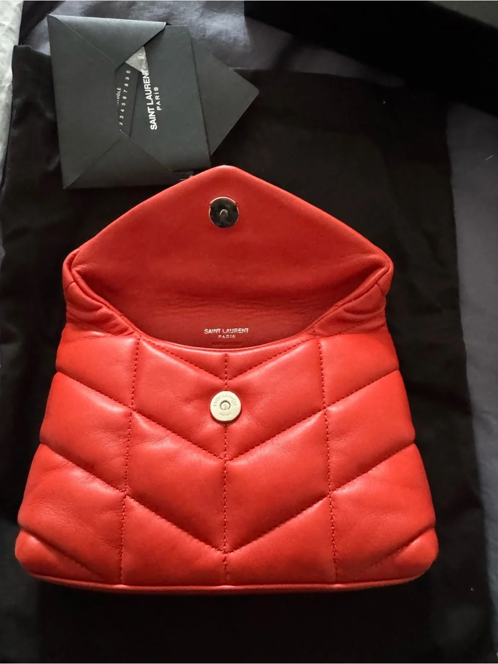 Saint Laurent Lou Lou Quilted Red Leather Envelope Clutch with YSL Logo